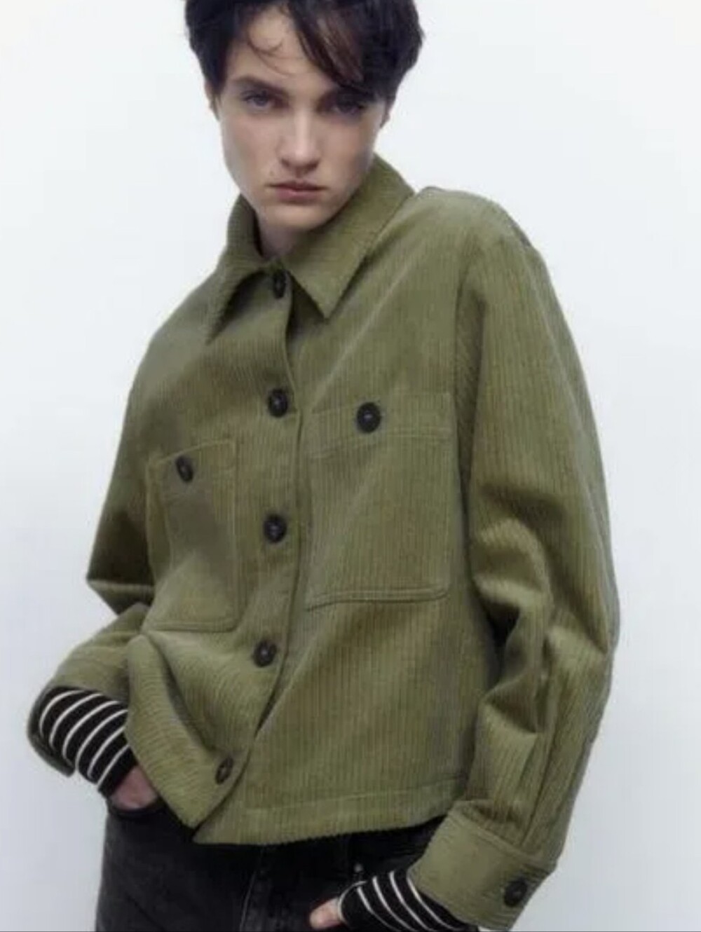Zara Olive Corduroy Shacket with Patch Pockets